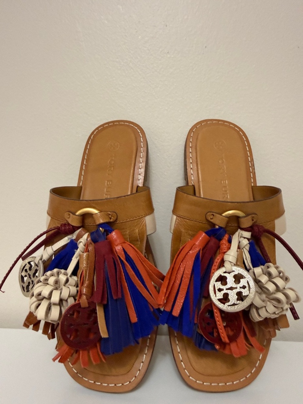 Tory Burch Tan Leather Tassel Slide Sandals with Multicolor Fringe - Picture 11 of 11